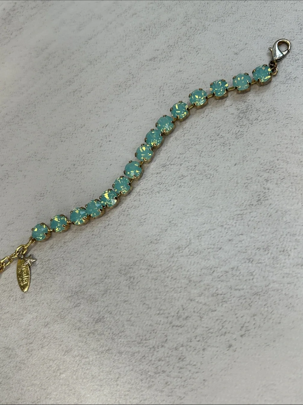 Gold Tennis Bracelet with Aqua Green Opal Crystals *See details on condition - Picture 6 of 9
